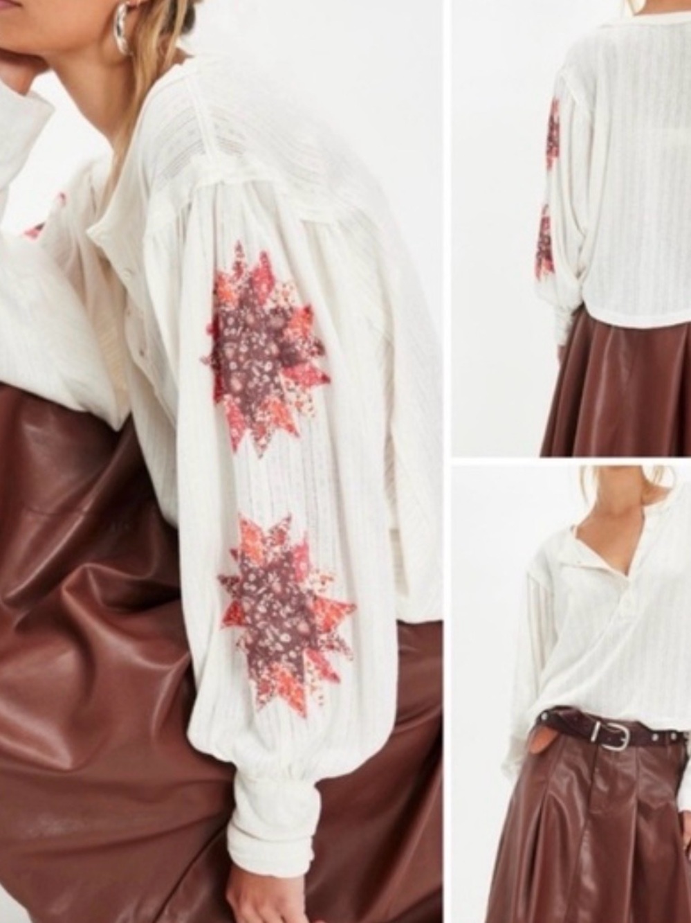 Free People Quinn Quilt Cuff Henley Top Size L NWT